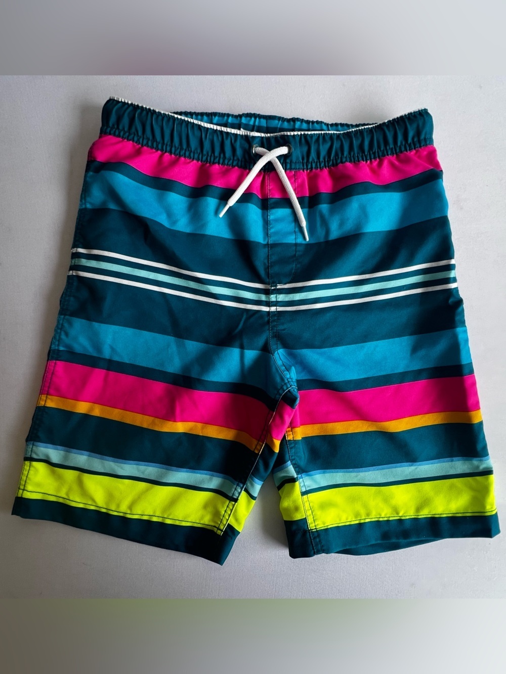 LANDS’ END BOYS XL (14-16) BRITE STRIPED SWIM SHORTS TEAL/PINK/YELLOW/NEON